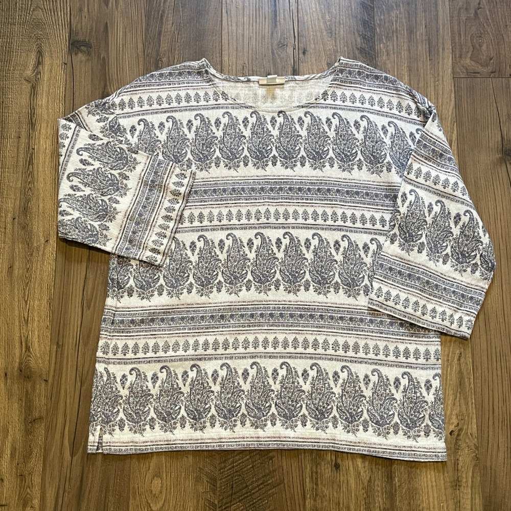 Pure Jill Hemp Cotton Paisley Print 3/4 Sleeve Boxy Top WTP241791 Small